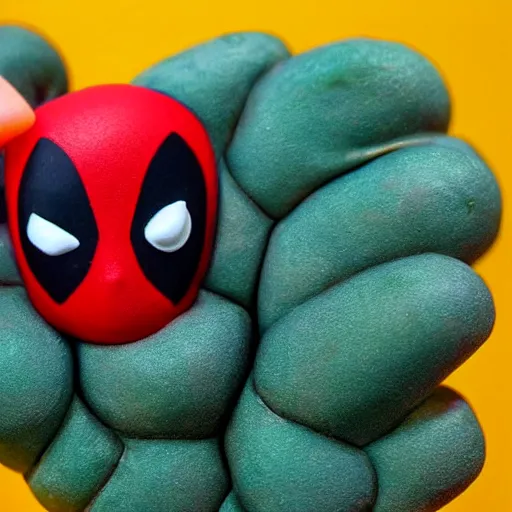 Image similar to deadpool claymation, frightening