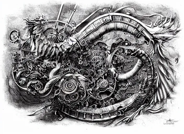 Image similar to pen and ink illustration, dragon with steam punk apparatus on its side, very fine detail, concept art, high detail, fine pen