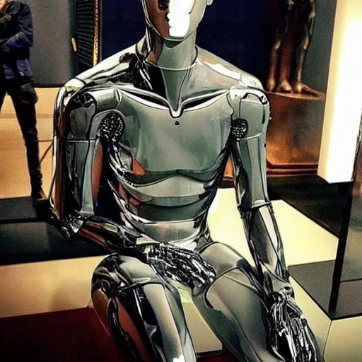 Image similar to “a realistic detailed photo of a guy who is an attractive humanoid who is half robot and half humanoid, who is a male android, actor Grant Gustin, shiny skin, posing like a statue, blank stare, at the museum, on display”