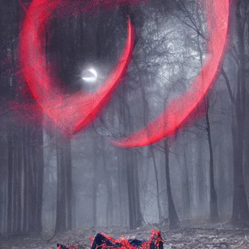 Image similar to bated breath, two wolves snarling, red sparkling cinders, smoke covers the sun