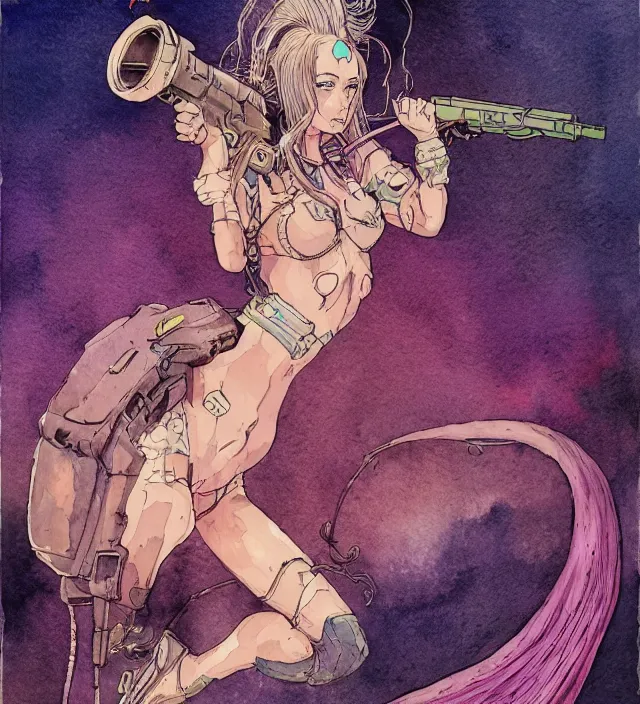 Image similar to a watercolor ink painting of bunnygirl gun bunny in the style of jean giraud in the style of moebius trending on artstation deviantart pinterest detailed realistic hd 8 k high resolution