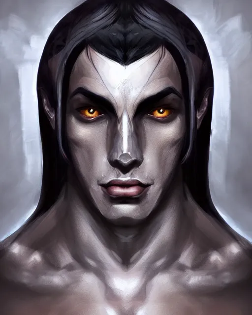 Image similar to portrait of a handsome male dark elf, obsidian skin, fantasy, intricate, elegant, highly detailed, digital painting, artstation, concept art, sharp focus, illustration