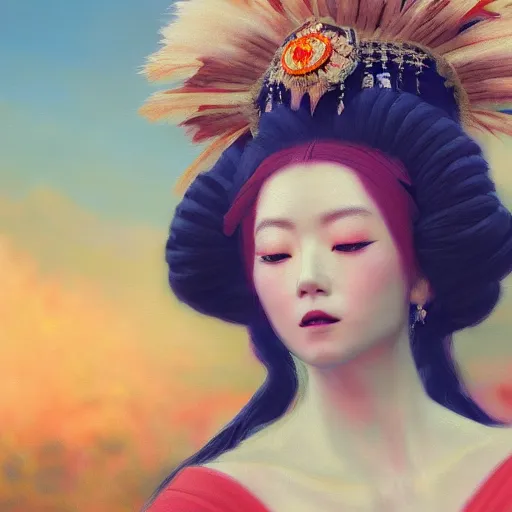 Image similar to beautiful japanese oil panting of a lady in headdress, rendered by octane, depth of field, ultra detailed, rococo, zen concept, trending on artstation, 8k