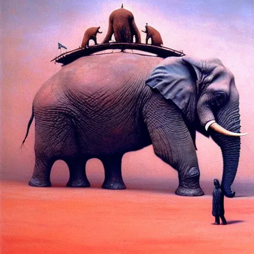 Image similar to a giant elephant stands over a city painting by beksinski, barlowe colors. masterpiece painting