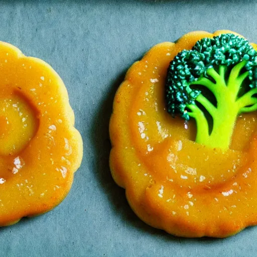 Prompt: spicy marmelade on a broccoli cookie, art by van gogh