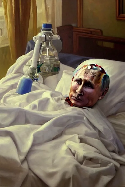 Image similar to a super very hyperrealistic oil painting of ill Vladimir Putin as a patient wearing an oxygen mask on a death bed inhaling from Copium tank that stand near his bed, visible face, fantasy, intricate, elegant, highly detailed, digital painting, artstation, concept art, smooth, sharp focus, illustration and alphonse mucha