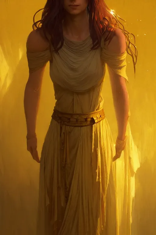 Prompt: possessed woman wearing an ancient greek tunic made of yellow paper, stephen bliss, unreal engine, fantasy art by greg rutkowski, rhads, ferdinand knab, makoto shinkai and lois van baarle, ilya kuvshinov, rossdraws, tom bagshaw, global illumination, radiant light