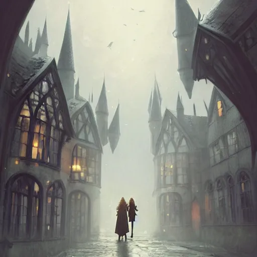 Image similar to harry potter and hermione hand in hand walking in hogwarts yard, elves around, lovely, lightly dark theme, harry potter theme, by greg rutkowski, trending on artstation