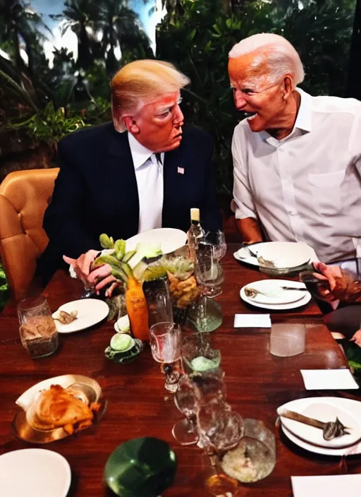Prompt: Trump and Biden having dinner at a fancy Balinese restaurant, award winning photography, perfect faces