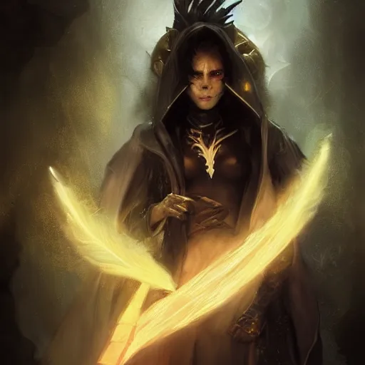 Image similar to magic the gathering character art by bastien lecouffe deharme of a eldritch native american warrior female, with freckles and black spidery hair, wearing black armor with gold lining and a cloak made out of billowing shadows and black feathers, black halo shining over her head, 8 k dop dof