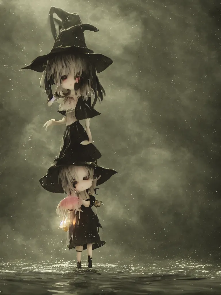 Image similar to cute fumo plush girl witch standing in reflective murky river water, otherworldly gothic horror maiden in tattered cloth, hazy heavy swirling murky volumetric fog and smoke, moonglow, lens flare, vray