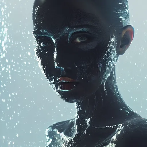 Prompt: beautiful dark carbon princess kissing emerging from melting dark liquid, translucent, in black water, steam and fog, glossy reflections, refractions, rim light, elegant, analog photography, depth of field, glints, glows, cgi, raytracing, octane render, prometheus, alien, blade runner, akira, matrix, hyperrealistic