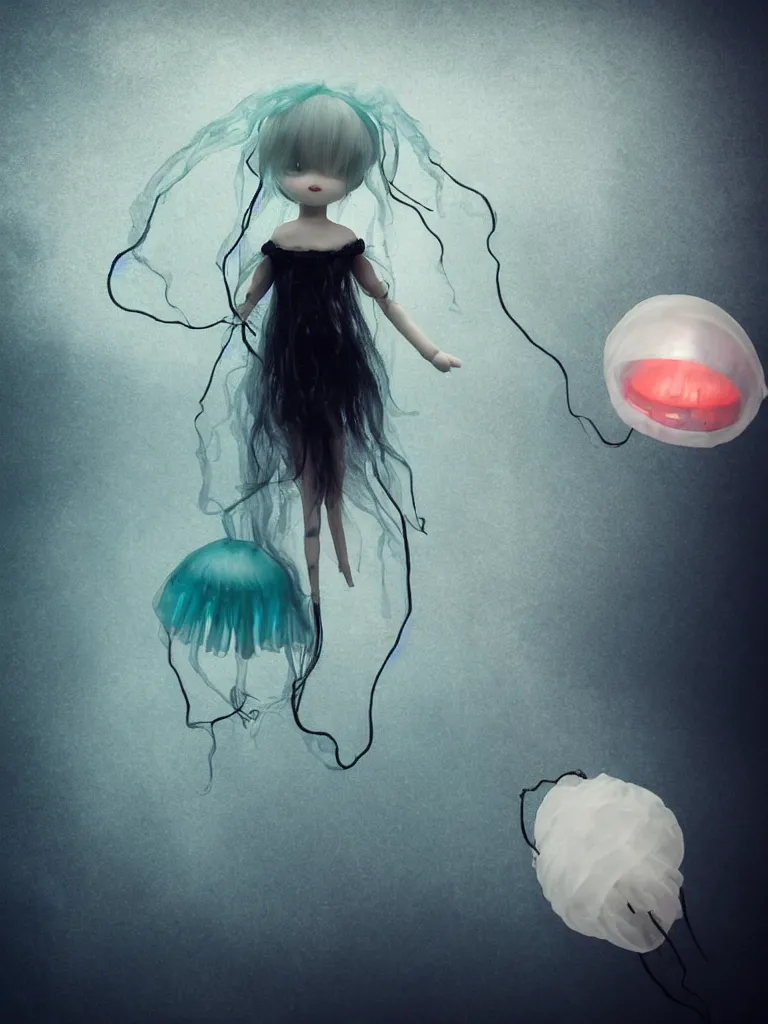 Image similar to cute fumo plush doll of an otherworldly translucent jellyfish goth maiden girl floating in the deep sea, mysterious tattered black tendrils and dress, wisps of volumetric fog and smoke, vignette, bokeh, vray