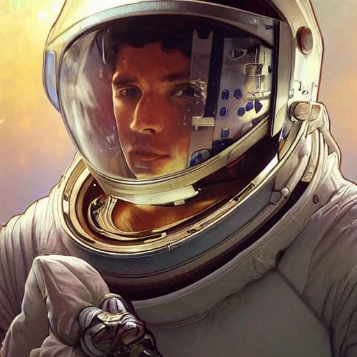 Image similar to a close up painting of an astronaut floating in space. his helmet visor is dark and reflective. you can see the reflection of flowers in his helmet visor. by artgerm and greg rutkowski and alphonse mucha