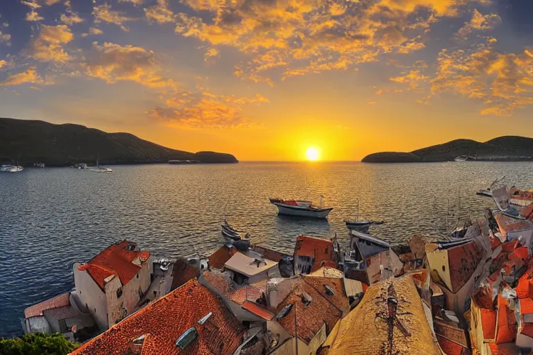 Prompt: Croatian coastline, small port village, sailing boats, golden hour, detailed HDR photography, trending on interfacelift