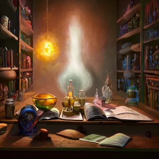 Image similar to hyper real, table, wizards laboratory, lisa parker, tony sart, mortar, pestle, scales with magic powder, energy flowing, magic book, beakers of colored liquid, greg rutkowski