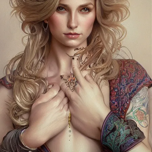 Image similar to ultra realistic illustration, a hot and beautiful tattooed blonde slavic woman in her 3 0's, intricate, elegant, highly detailed, digital painting, artstation, concept art, smooth, sharp focus, illustration, art by artgerm and greg rutkowski and alphonse mucha