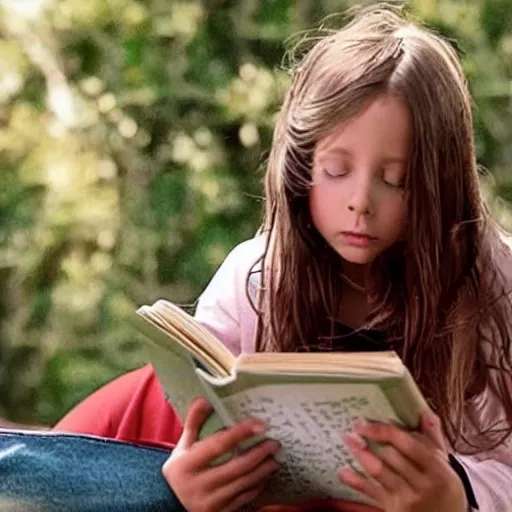 Image similar to VFX movie of a girl reading book, hair flowing down, by Michael Bay