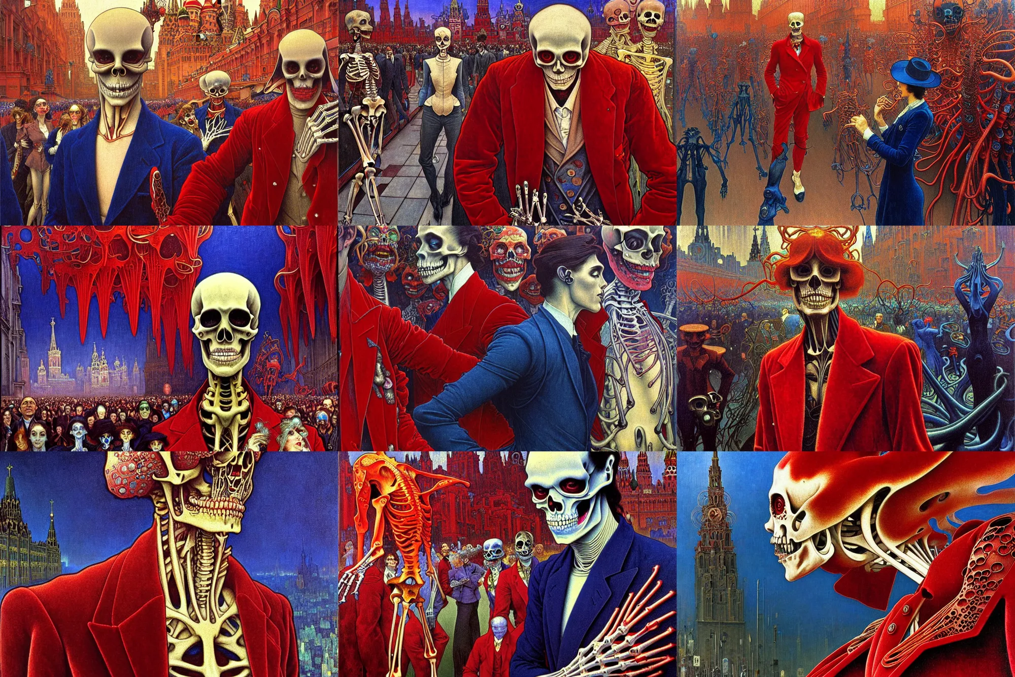 Prompt: realistic detailed closeup portrait painting of a single skeleton wearing red velvet blazer in a crowded futuristic moscow street by Jean Delville, Amano, Yves Tanguy, Alphonse Mucha, Ernst Haeckel, Edward Robert Hughes, Roger Dean, cinematic composition, dynamic pose, rich moody colours, blue eyes