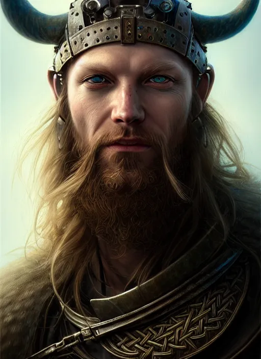 Image similar to closeup portrait shot of a cyberpunk viking in a scenic dystopian environment, intricate, elegant, highly detailed, centered, digital painting, artstation, concept art, smooth, sharp focus, illustration, artgerm, tomasz alen kopera, peter mohrbacher, donato giancola, joseph christian leyendecker, wlop, boris vallejo