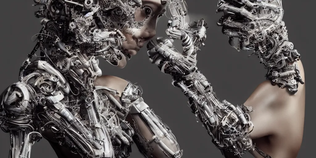 Image similar to hyperrealistic photography of a stunningly beautiful cyborg female, mechanical elbow, plated arm, intimate, holding hands, in the style of beth cavener, jin kagetsu,, and wlop, highly detailed, intricate, face symmetry, masterpiece, award - winning, sharp focus, concept art, high key, ambient lighting, 8 k, octane render, artstation