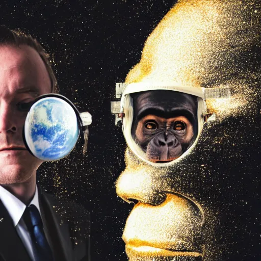 Image similar to double exposure portrait split in the middle of a astronaut and one chimpanzee in a suit posing with space in the background, pencil sketch, high definition, dynamic lighting stars, sharpness, golden ratio