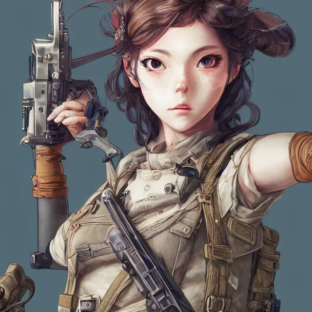 Image similar to the portrait of lawful neutral semi - colorful female infantry gunner as absurdly beautiful, gorgeous, elegant, young anime girl, an ultrafine hyperdetailed illustration by kim jung gi, irakli nadar, intricate linework, bright colors, octopath traveler, final fantasy, unreal engine 5 highly rendered, global illumination, radiant light, detailed and intricate environment