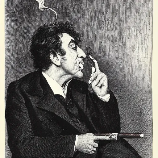 Prompt: Al pacino smoking a cigar, by gustave dore and william blake