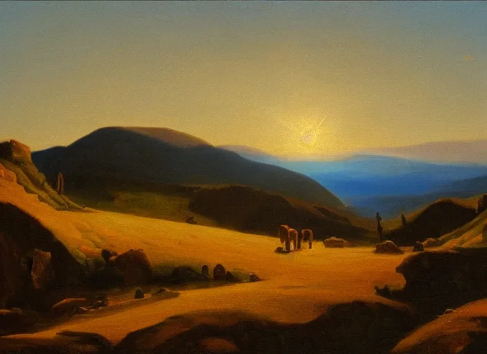 Prompt: the armenian highlands with the sun setting as the background in the style of hudson river school of art, oil on canvas