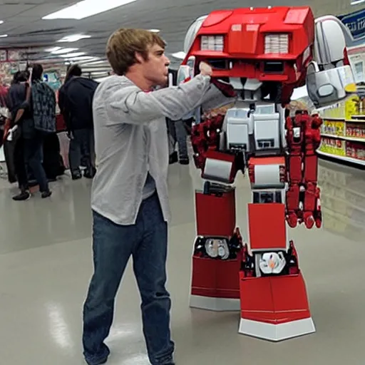 Prompt: dexter morgan fighting a transformer robot at kmart