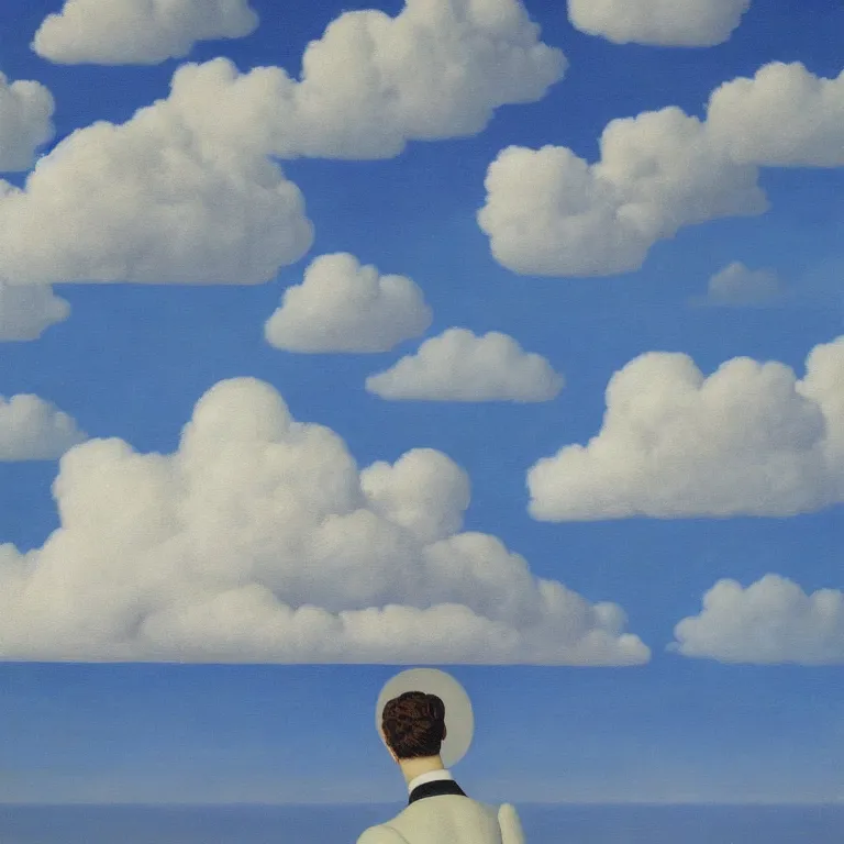 Image similar to cloud - man, by rene magritte, centered, detailed painting, hd, hq, high resolution, high detail, 4 k, 8 k