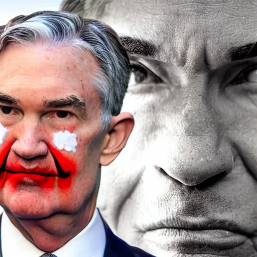 Image similar to detailed photo of Jerome Powell with whiteface clown makeup using a flamethrower