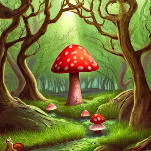 Prompt: a mushroom house in an enchanted forest