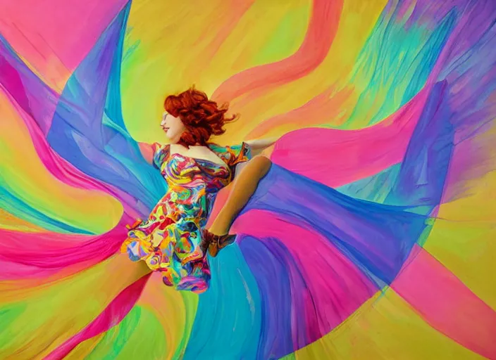 Prompt: portrait of christina hendricks dancing swirling in the morning sun - rays, rainbow clothes