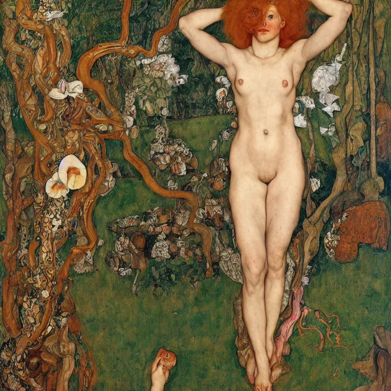 Prompt: a dryad venus, transforms herself into a snake. around her are tropical birds and orchids. painted by jan van eyck, egon schiele and max ernst, trending on artstation, 8 k, award winning
