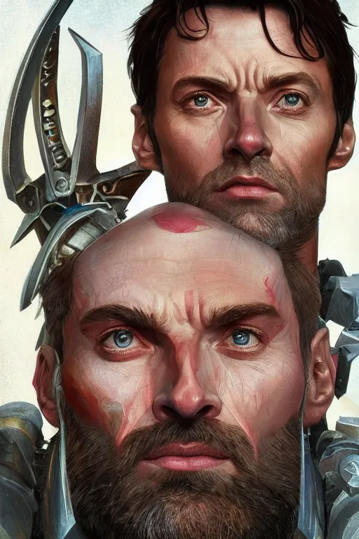 Image similar to symmetry!! portrait of hugh jackman in the boys in the style of god of war, machine parts embedded into face, intricate, elegant, highly detailed, digital painting, artstation, concept art, smooth, sharp focus, illustration, art by artgerm and greg rutkowski and alphonse mucha, 8 k