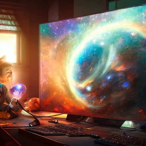 Prompt: a young mage creating a universe in front of a monitor, hyperrealistic, extremely detailed, award-winning art, trending on Artstation