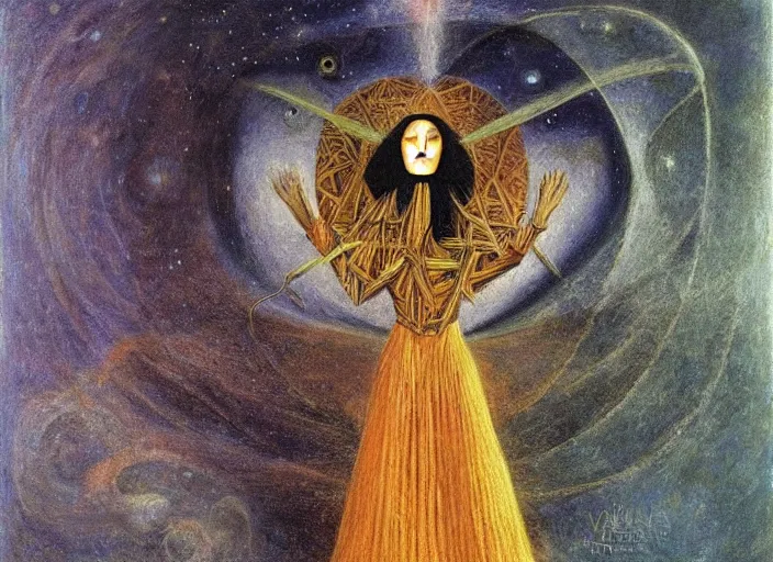 Prompt: a shaman! woman holding up the universe, by remedios varo, reflection, symbolist, pastel colors, dramatic lighting, smooth, sharp focus, extremely detailed, aesthetically pleasing composition