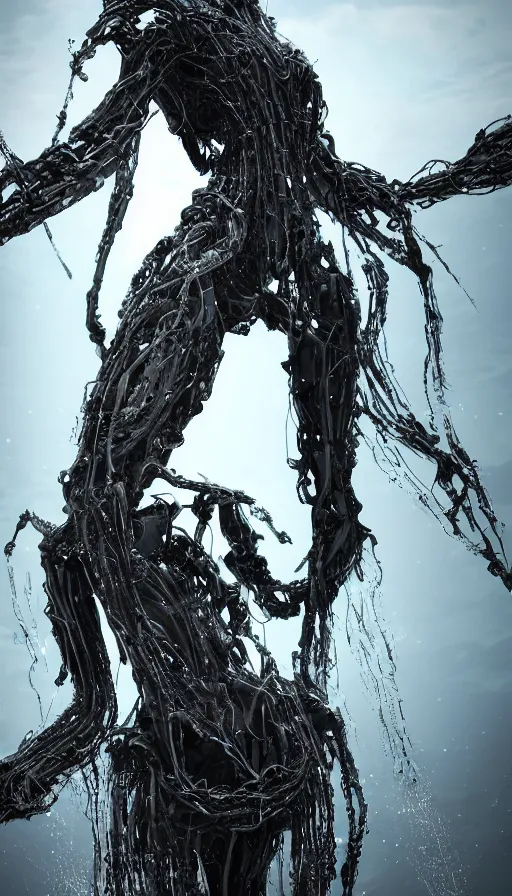 Prompt: a biomechanical sea witch emerging from the ocean, made up of bits of black metal and plastic, shiny, wet, made of nanofibres, metallic, cyberpunk, post apocalyptic, hyper realistic, epic, beautiful composition, octane render, unreal engine render, 8k, super detailed, SLICK!!