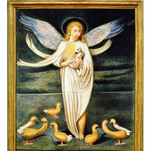 Image similar to biblical angel with ducks, by jean deville, by william blake, oil on canvas