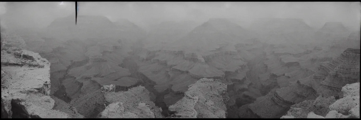 Image similar to the grand canyon made of concrete, looking down, foggy, megalophobia, old polaroid, expired film,