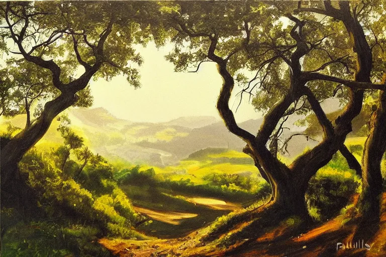 Image similar to masterpiece painting of oak trees on a hillside overlooking a creek, dramatic lighting, by paul o. zelinsky