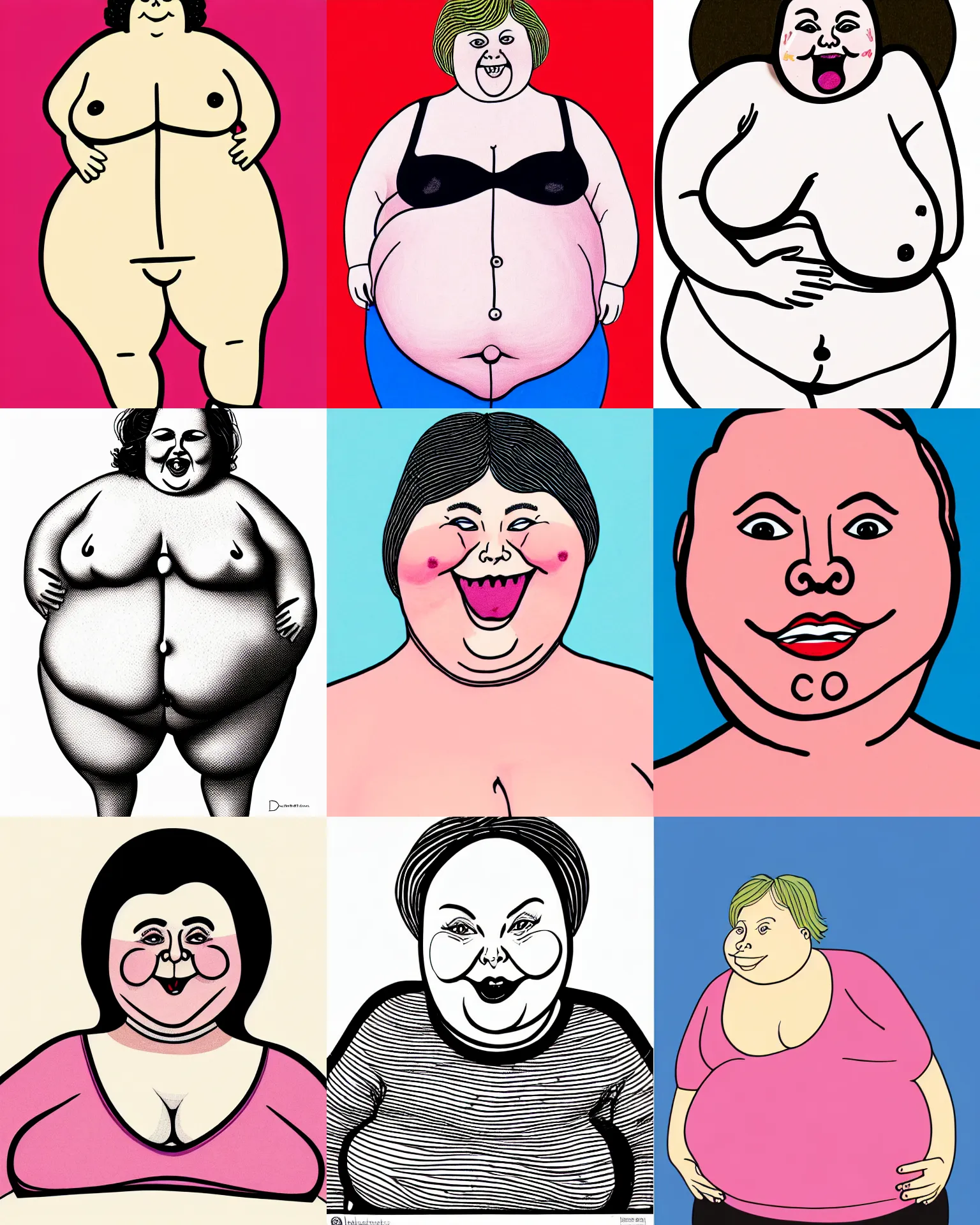 Prompt: a waist shot illustration of a very ordinary overweight middle - aged woman with a happy expression, front angle, by david shrigley, pen and ink, flat color, colorful drawing, facing front, anatomically correct, beautiful perfect face, sharp focus, highly detailed, cinematic lighting, 8 k, hd