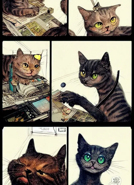 Image similar to a hyper realistic ink cat in a spaaceship 6 panel comic by chiara bautista and norman rockwell and greg rutkowski weta studio, and lucasfilm