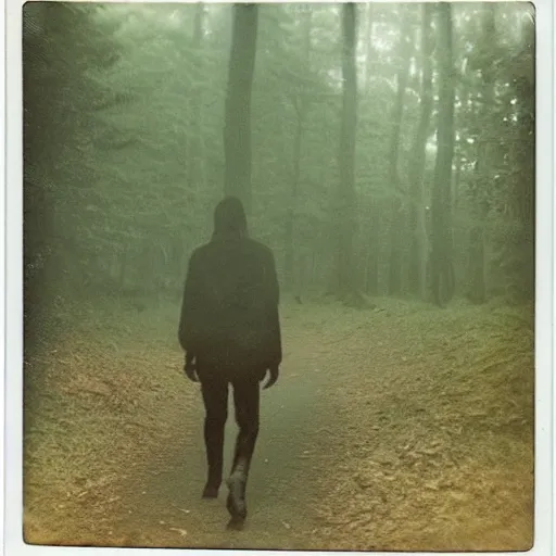 Image similar to old polaroid photo of a zombie walking in forest, mysterious, fog,