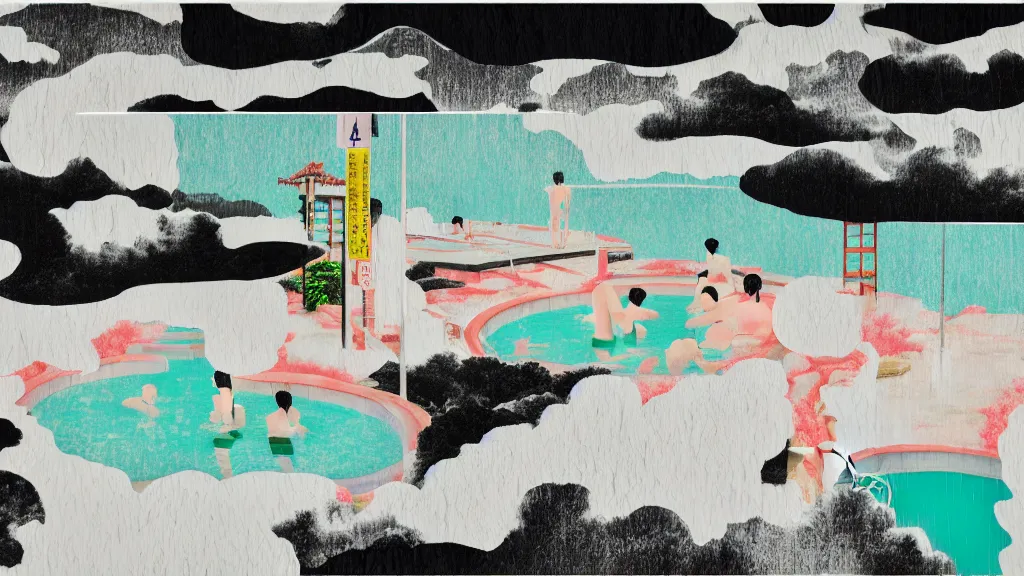 Image similar to japan natural hot spring, a collage painting, in the style of wes anderson, lola dupre, david hockney, isolated on negative white space background dark monochrome neon spraypaint accents volumetric octane render