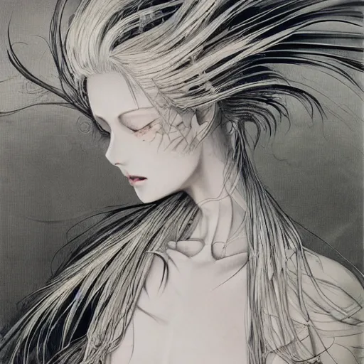 Image similar to Yoshitaka Amano realistic illustration of an anime girl with white hair and cracks on her face wearing dress suit with tie fluttering in the wind, abstract black and white patterns on the background, noisy film grain effect, highly detailed, Renaissance oil painting, weird portrait angle