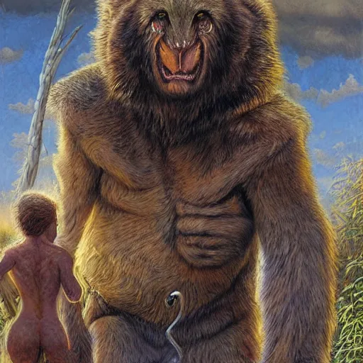 Image similar to huge mucsular feral man Beorn the shapeshifter by Mark Brooks, Donato Giancola, Victor Nizovtsev, Scarlett Hooft, Graafland, Chris Moore