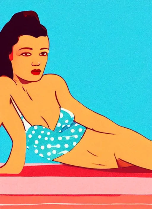 Image similar to portrait of a girl, in retro swimsuit, lying by the pool, minimalist illustration, flat colors, contrasting shadows art by parrish, maxfield, frame from a movie