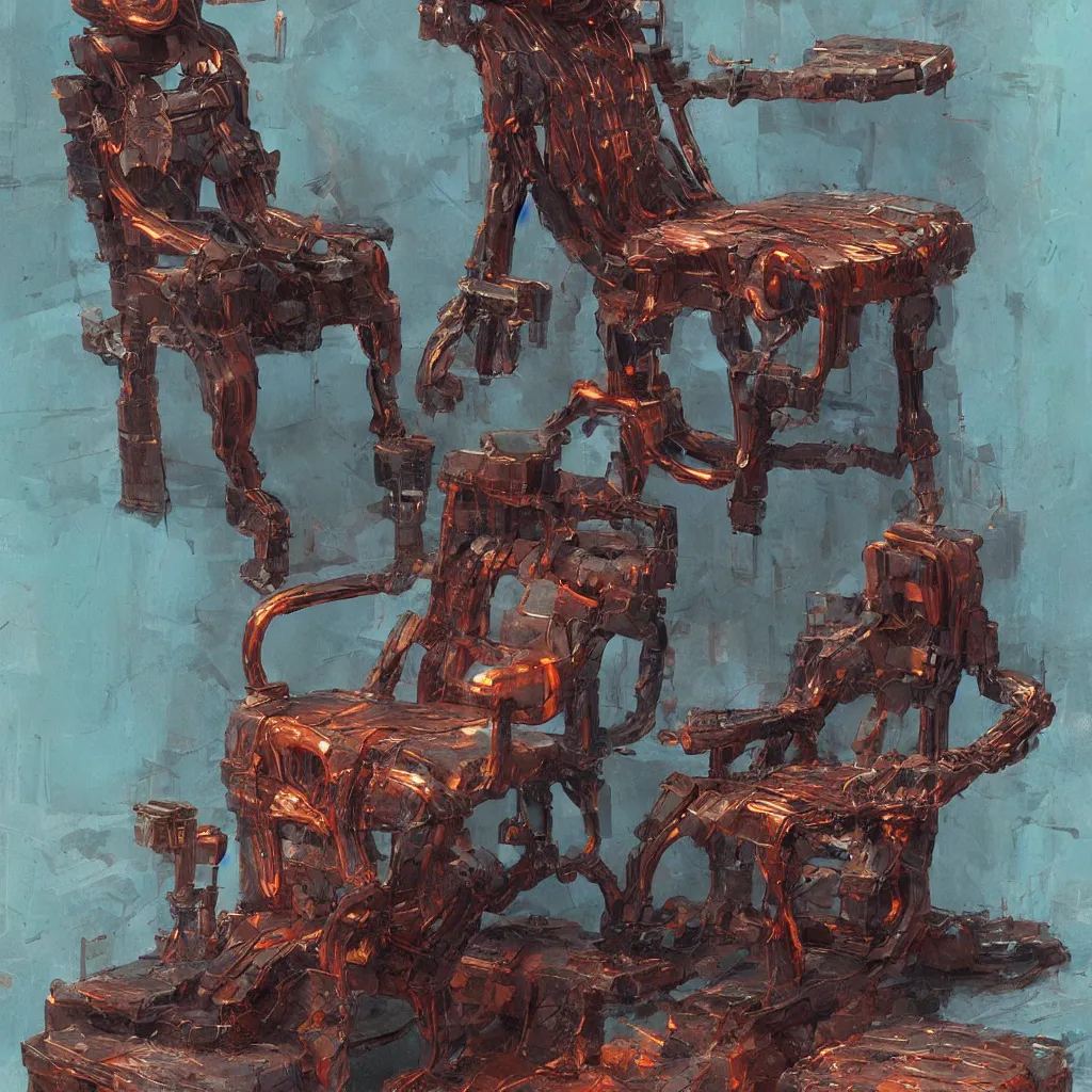 Image similar to cyber punk cat character laying, wood carved chair, super powers, concept art, by greg rutkowski, old copper pipes, complementing colors
